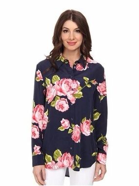 Equipment Navy Floral Button-Down Shirt with Pink Roses